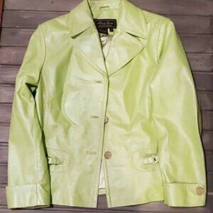 Terry Lewis Womens Leather Jacket Size 12 Green Button Front Cuff Lined